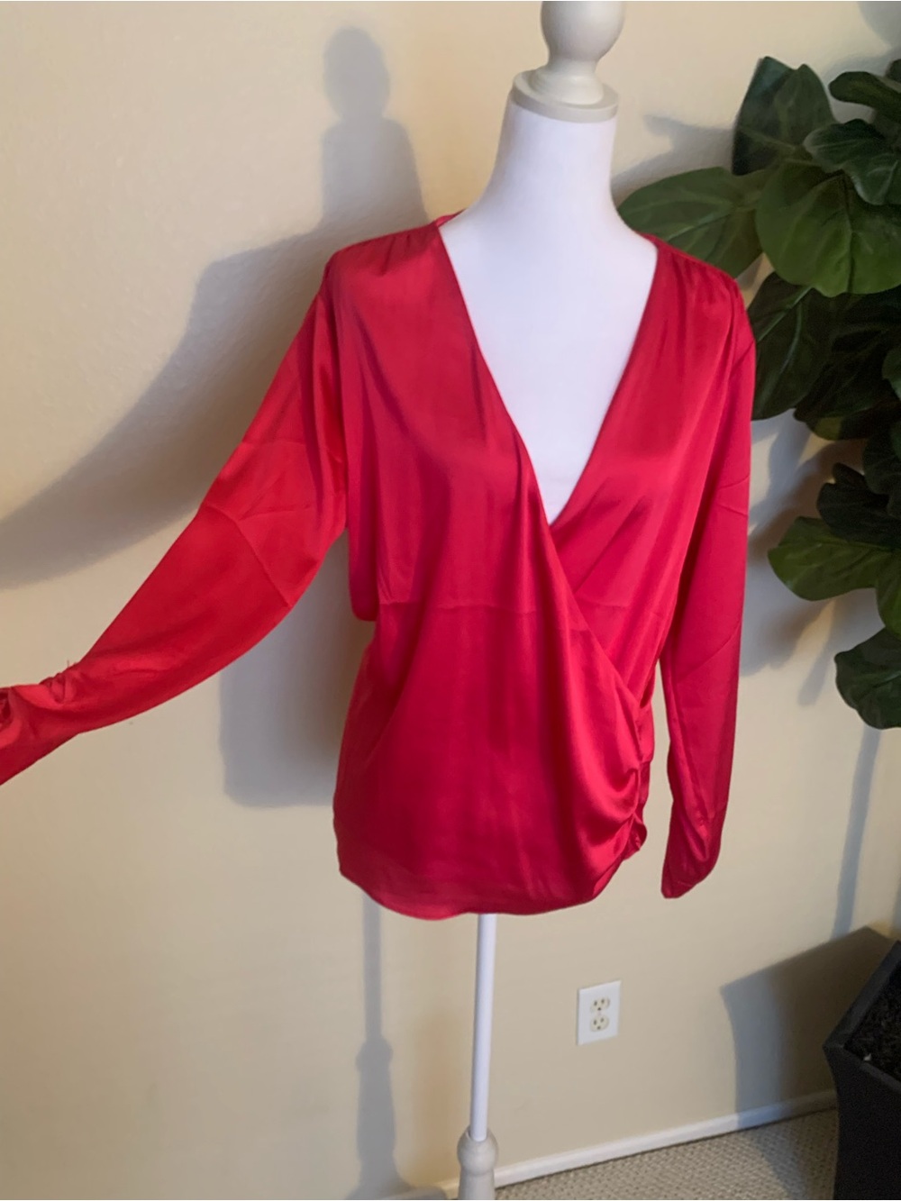 White House Black Market Hot Pink Satin Surplice Long Sleeve Blouse